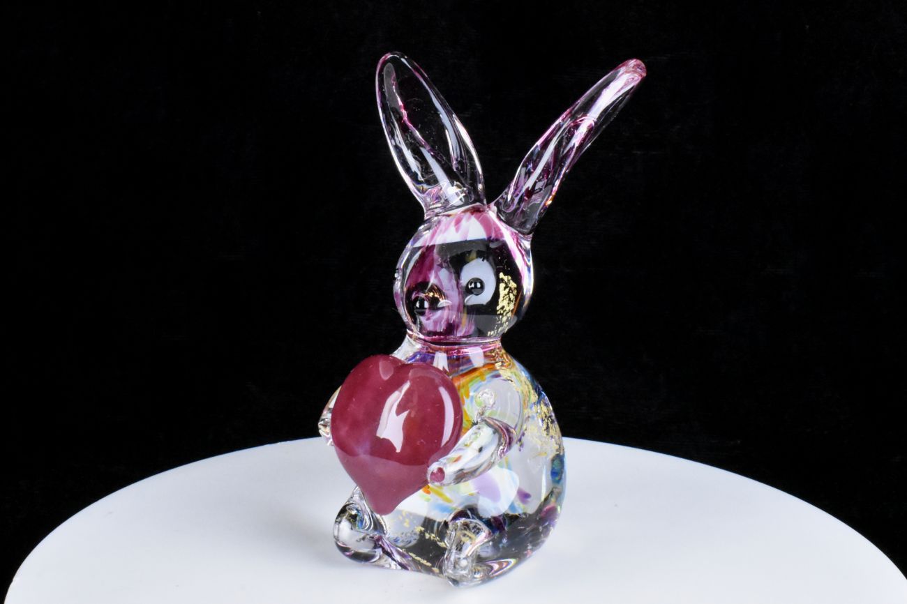 Art Glass Rainbow Bunny Rabbit with Ruby Heart