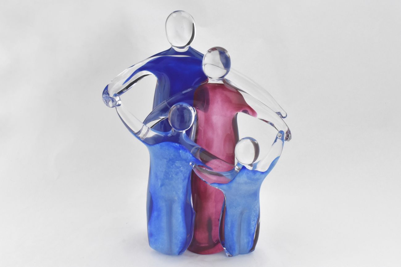 Art Glass Tall Family Group with two children in Blue and Ruby